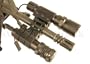 Universal barrel mount strobe flashlight and green laser sight