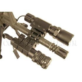 Universal barrel mount strobe flashlight and green laser sight