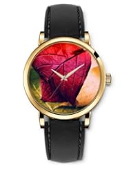 SPRAWL Aanalog Fashion Series Gold Ladies Watches of Genuine Black Leather Strap,Unique Wrist Watch for Women Girls Designed with Red leaf folded