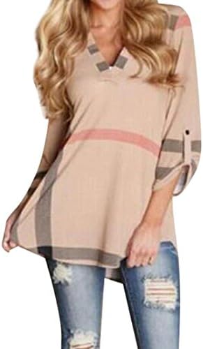 Eforward Women's Blouse Casual Plaid V Neck 3/4 Sleeve T-shirts Pullover Tops XL Pink