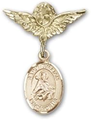 Gold Filled Baby Badge with St. William of Rochester Charm and Angel with Wings Badge Pin