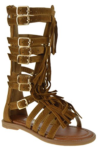 Link Katia 50K Little Girls Strappy Buckled Fringe Gladiator Flat Sandals Tan