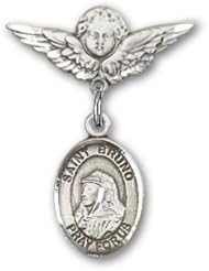 Sterling Silver Baby Badge with St. Bruno Charm and Angel with Wings Badge Pin