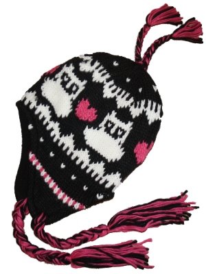 Womens Ladies OWL-HEART Peru Trapper Winter Hat Black