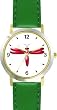 Red Dragonfly or Dragon Fly - JP - WATCHBUDDY&reg; DELUXE TWO-TONE THEME WATCH - Arabic Numbers - Green Leather Strap-Size-Women's Size-Small