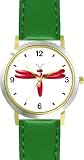 Red Dragonfly or Dragon Fly - JP - WATCHBUDDY&reg; DELUXE TWO-TONE THEME WATCH - Arabic Numbers - Green Leather Strap-Size-Women's Size-Small