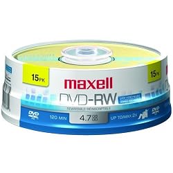 Maxell 635117 4.7 GB Rewritable DVD-RW Spindle (15 Pack)