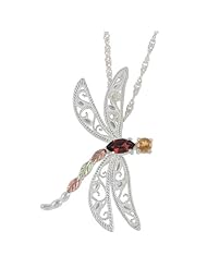 Black Hills Gold Silver Dragonfly Necklace with Citrine and Garnet Stone