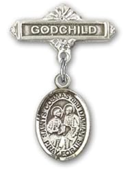 Sterling Silver Baby Badge with Sts. Cosmas & Damian Charm and Godchild Badge Pin