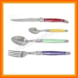 Authentic French LAGUIOLE - complete 24 pcs flatware set - in HEAVIER 25/10 stainless steel - 6 MULTI rainbow colors (GREEN - PURPLE - YELLOW - ORANGE - BLUE - RED) - blade : 2.5 mm thick (very sturdy !) - knives + soup spoons + dessert/coffee spoons + large forks (official Jean Dubost full family quality dinner table cutlery setting for 6 people - dishwasher safe - gift-wrap available! - direct from FRANCE