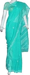 Saris Cotton Chikan Embroidery Turquoise Green (chsari099)