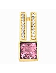 14K Yellow Gold Princess Cut Pink Tourmaline and Diamond Pendant -- LIFETIME WARRANTY