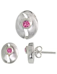 Sterling Silver Matte-finish Cracked Egg Style Earrings (10mm tall) & Pendant Slide (11mm tall) Set, w/ Brilliant Cut Amethyst-colored CZ Stones
