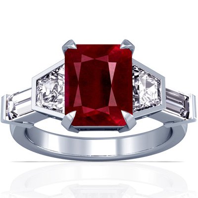 18K White Gold Emerald Cut Ruby Ring With Sidestones
