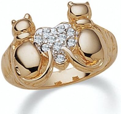 Royal Palm Jewelry 2210_8 Round Crystal 14k Yellow Gold-Plated Cats and Heart Ring - Size 8