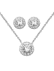 .925 Sterling Silver CZ Halo Stud Earrings and Matching Pendant-Necklace Set with 0.9mm Cable Rolo Chain Lobster Claw Clasp - 16"+2" Inches Extension