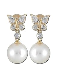 14K Yellow Gold 0.07ct Butterfly on Top Diamond & Pearl Post Dangling Earrings