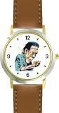 Frankenstein with Flower - WATCHBUDDY&reg; DELUXE TWO-TONE THEME WATCH - Arabic Numbers - Brown Leather Strap-Size-Large ( Men's Size or Jumbo Women's Size )
