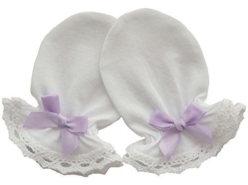 100% Cotton Jersey Newborn Baby Anti Scratch Mittens Cotton Lace, Light Purple Satin Bow (0-3 Months, White)