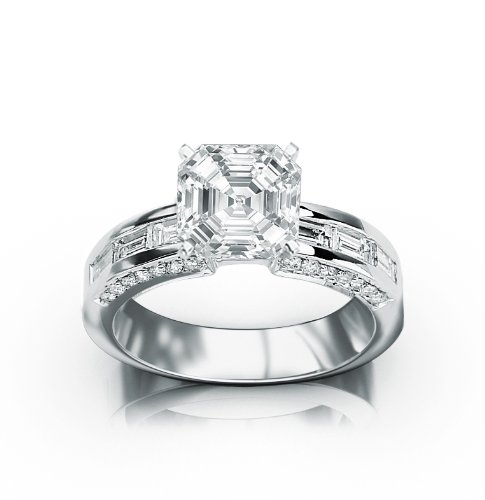 Channel Set Baguette And Round Diamond Engagement Rings with a 0.4 Carat Asscher Cut/Shape I SI1 EGL USA Certified Center Stone and 0.7 Carat of Side Diamonds (1.1 Carat t.w.)