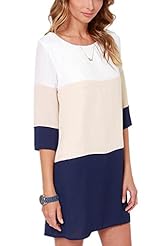 Round Neck Shift Colorblocking Elbow Length Sleeves Short Polyester General Print  Dress