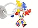 New Silver Finish Key Chain Suspending an Autism Awareness Ribbon and Multicolored Puzzle Pieces Beside Colorful Beads.