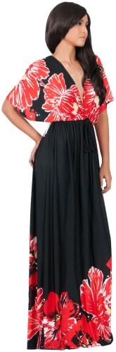 Koh Koh Women's Kimono Sleeve V-neck Flower Print Long Maxi Dress - Small - Black with Red Flower