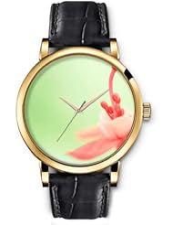 SPRAWL Aanalog Fashion Series Gold Ladies Watches of Genuine Black Leather Strap,Unique Wrist Watch for Women Girls Designed with Pink flower stamen