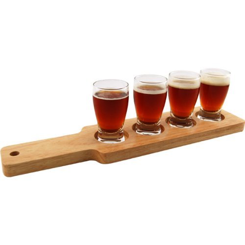 Beer Tasting Serving Set - Wood Paddle & 4 Glasses