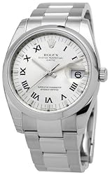 Rolex Date Silver Roman Dial Roman Numeral Markers Mens Watch 115200SRO