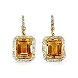14k Gold Emerald Cut Bezel Set Citrine and Diamond Earring (0.42ct.tw)