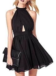 Empire   Waistline Shirred Cutout Pleated Backless Chiffon/Polyester Halter Skater Dress 
