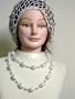 Sn103, Hand Crocheted Ivory Gimp Large Snood Trimmed with Black Pearls for Women in Combination with Large White Pearl Two Strand Choker Necklace and Earrings