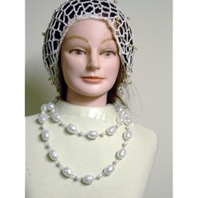 Sn103, Hand Crocheted Ivory Gimp Large Snood Trimmed with Black Pearls for Women in Combination...