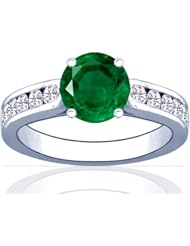 14K White Gold Round Cut Emerald Ring With Sidestones