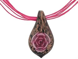 Pink and Black Murano Pendant, 32mm x 56mm, with Pink Silk Adjustable Cord/Ribbon Necklace