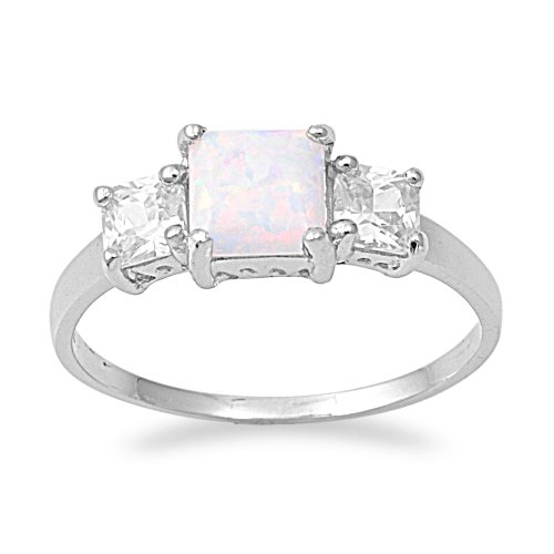 Sterling Silver Square White Created Opal Cz Ring (Size 5 - 10)