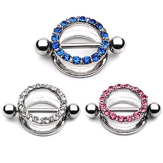 Pink Gem Paved Round Nipple Shield - 14G - 5/8
