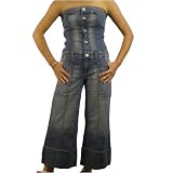 Women's Baby Phat regular wash denim jumpsuit strapless halter dress. 100% authentic urban brand name tube top plus jeans set featuring exposed shoulders, front button closure top slight distress regular denim. Unique jumpsuit with 4 pockets and logo embroidered on the back pocket. Great designer dress presented by KLS Kimora Lee Simmons.