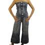 Women's Baby Phat regular wash denim jumpsuit strapless halter dress. 100% authentic urban brand name tube top plus jeans set featuring exposed shoulders, front button closure top slight distress regular denim. Unique jumpsuit with 4 pockets and logo embroidered on the back pocket. Great designer dress presented by KLS Kimora Lee Simmons. (Size:7)
