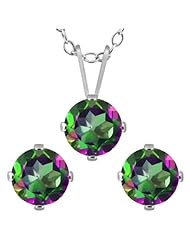 3.00 Ct Round Green Mystic Topaz 925 Sterling Silver Pendant Earrings Set 18"