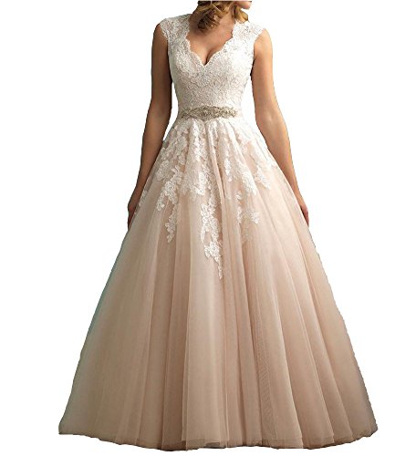 Paradisewedding Women's V Neck Sheer Buttons Lace Appliques A-Line Wedding Dress 2016 Champagne US4