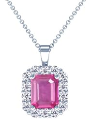 14K White Gold Emerald Cut Pink Sapphire And Round Diamond Pendant