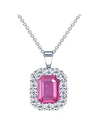 18K White Gold Emerald Cut Pink Sapphire And Round Diamond Pendant