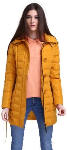 RUI-LI Women's Casual Outdoor Belted Fitted Mid Long Down Jacket Parka Yellow 2XL