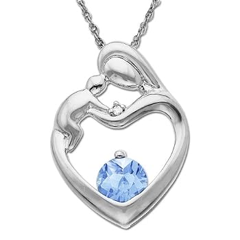 10k White Gold Blue Topaz Diamond-Accent Mother's Jewel Heart Pendant, 18"