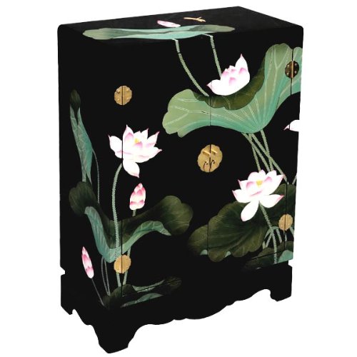 EXP Handmade Asian Furniture 33-Inch Black Lacquer Chinese Storage Cabinet/End Table with Lotus Flowers