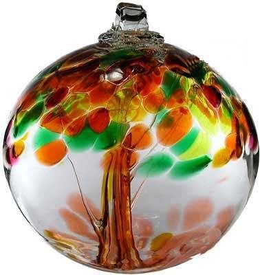 Autumn Tree of Enchantment 6" Hanging Witch Ball Ornament by Kitras Art Glass