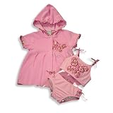 Swim' n Pretty by Baby Buns - Toddler Girls 3 Piece Swimwear Set, Bikini and Hooded Cover-up, Pink, Brown