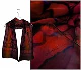 ULRIKE Oblong Chiffon Silk Scarf - Garnet shapes on a black chiffon that iridesces in flame red flashes of light.